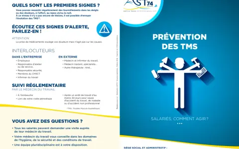Affiche de prévention des TMS : écoutez les signes d'alerte, parlez-en ! L'image illustre la prévention des troubles musculo-squelettiques.