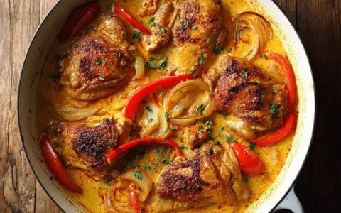 En gryta med kycklinglårfile recept i krämig sås med paprika och lök.
