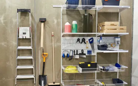 Estanterías y herramientas para saber como ordenar un garaje: escalera, pala, escoba, martillo, caja de herramientas, cubos y más.