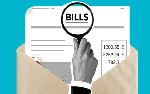 Lupe über "BILLS" auf Dokumenten in Umschlag. Hilfe vom Mieterbund bei der Nebenkostenabrechnung.