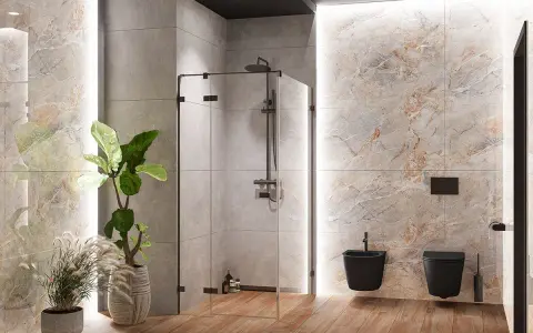 Nowoczesna łazienka z prysznicem walk-in. Deszczownica zamontowana na odpowiedniej wysokości, obok czarna miska WC i bidet.