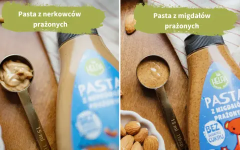 Dwie łyżki z pastą orzechową: z nerkowców i migdałów, obok butelek z pastami.