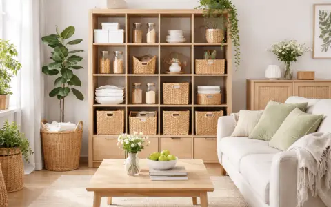 Un soggiorno ordinato con scaffali in legno pieni di cesti per il decluttering casa. Un divano bianco e un tavolino completano l'ambiente.