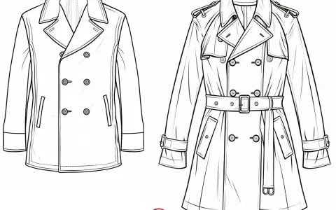 Line drawings showcase a classic trench coat with a belt and epaulets, contrasted with a shorter peacoat.