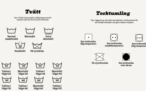 Symboler för tvätt och torktumling. En torktumlare symbol visar olika temperaturer och om plagget kan torktumlas.