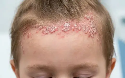 Psoriasis sur le cuir chevelu d'un bébé, avec des plaques rouges et squameuses le long de la ligne des cheveux.