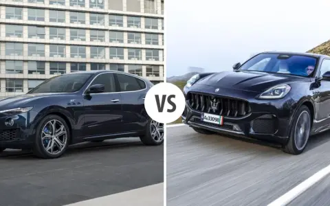 Dwa luksusowe Maserati SUV: jeden elegancki, stojący przed budynkiem, drugi dynamicznie pędzący po górskiej drodze.