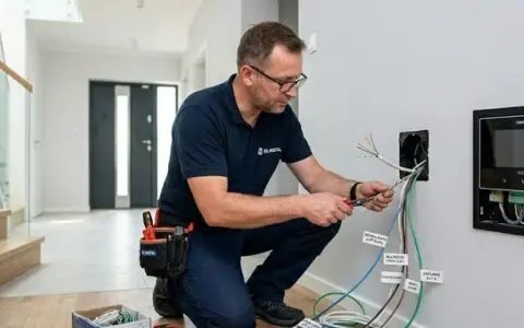 Elektryk podłączający kable domofonu i elektrozaczepu.