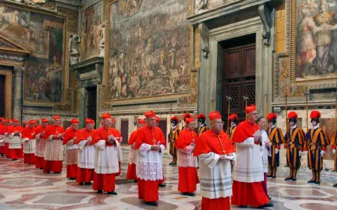 Cardinals in red robes process through a grand hall, a scene hinting at how the Pope is chosen through conclave.