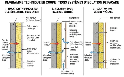 Diagramme comparant trois systèmes d'isolation extérieure maison : ITE sous enduit, bardage ventilé, et vêture.