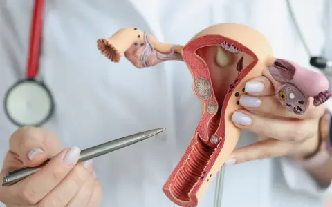 Model anatomiczny narządów rodnych kobiety, prezentowany przez lekarza z długopisem.