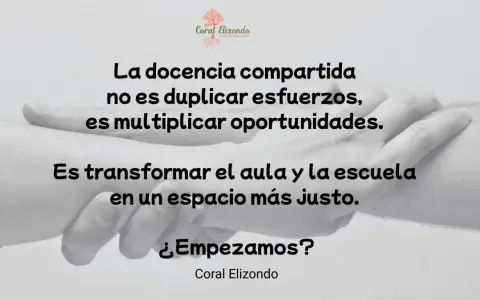 Manos entrelazadas, símbolo de colaboración. Frases sobre diversidad y justicia educativa: "La docencia compartida no es duplicar esfuerzos, es multiplicar oportunidades. Es transformar el aula y la escuela en un espacio más justo.
