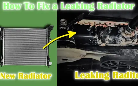 Learn what to do if a radiator is leaking. Image shows a new radiator next to a leaking one with a yellow arrow.