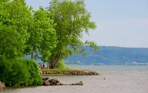 Grüne Bäume säumen das Ufer des Lago di Bolsena. Eine kleine Bucht mit Felsen und einer Ente lädt zum Verweilen ein.