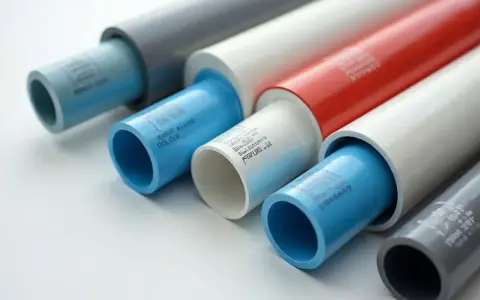 Plusieurs tuyaux en plastique de différentes couleurs (bleu, blanc, rouge, gris) sont alignés, certains emboîtés.