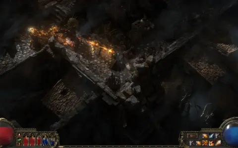 Combate en Path of Exile 2. Un guerrero lanza fuego contra enemigos en ruinas oscuras.