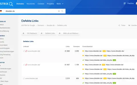 SISTRIX-Analyse für dresden.de: Defekte Links und Redirects. Überprüfen Sie die Links auf der Website.