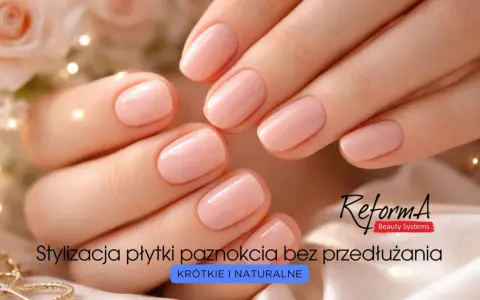 Delikatne, tipsy różowe na krótkich, naturalnych paznokciach. Stylizacja płytki bez przedłużania.