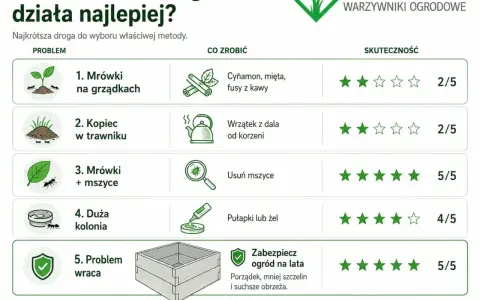 Tabela porównuje metody walki z mrówkami w ogrodzie. Skuteczne sposoby na mrówki to m.in. usuwanie mszyc (5/5) i zabezpieczenie ogrodu na lata (5/5).