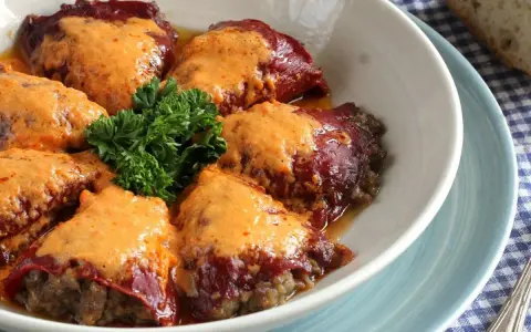Pimientos rellenos de carne cubiertos con una cremosa salsa, decorados con perejil fresco.