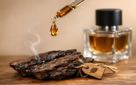 Goutte d'huile dorée tombant d'une pipette sur un morceau de bois fumant, évoquant l'origine oud pour un parfum luxueux.