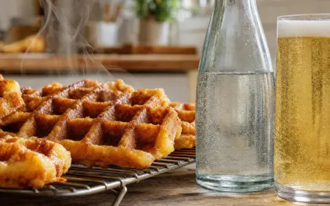 Gaufres croustillantes fumantes sur une grille, accompagnées d'une bouteille d'eau pétillante et d'un verre de bière dorée. Parfait pour une recette de gaufres croustillantes.