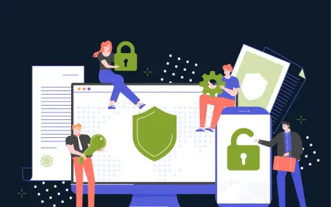 Personas trabajando en equipo para proteger datos. Representa que es la ciberseguridad, con candados, escudos y llaves.