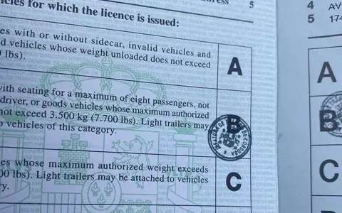 Detalle de un permiso de conducir B, mostrando las categorías de vehículos autorizados y sellos oficiales.
