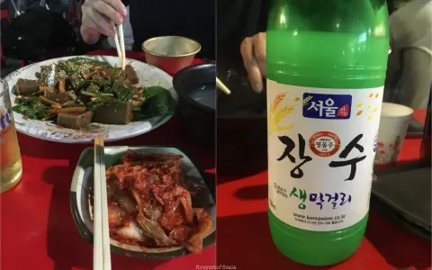 Koreańskie przepisy na stole: galaretka z fasoli mung, kimchi i butelka makgeolli.