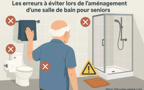 Illustration montrant une salle de bain avec des erreurs à éviter pour une salle de bain pmr. Un homme âgé est présent.