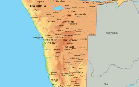 Mapa Namibii z zaznaczonymi miastami. Waluta Namibii to dolar namibijski.