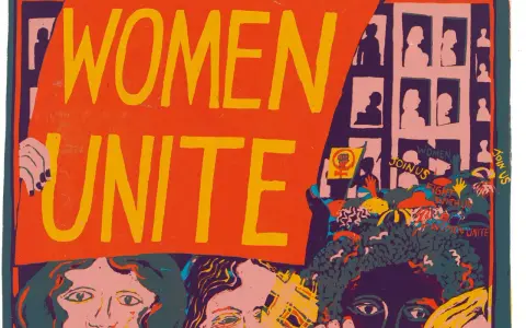 A vibrant poster, reminiscent of famous feminist art pieces, proclaims "WOMEN UNITE" in bold yellow letters on an orange background. Below, a diverse crowd of women with determined faces and raised fists are depicted, symbolizing solidarity and the fig...