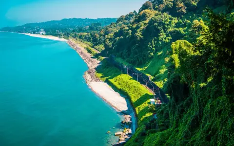 Widok na wybrzeże Gruzji z turkusowym morzem, plażą i torami kolejowymi wzdłuż zielonego zbocza.