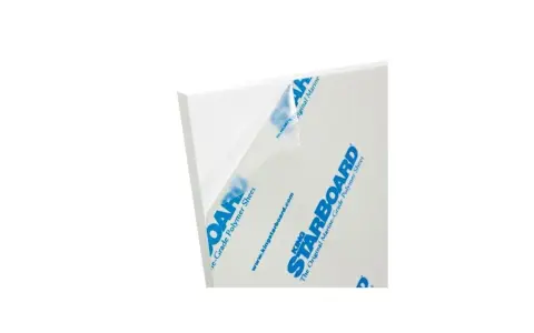 A sheet of white starboard material, a durable marine-grade polymer, with protective film peeling back to reveal branding.