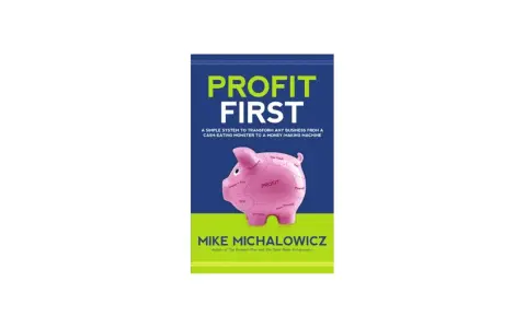 Book cover for "Profit First" by Mike Michalowicz, featuring a pink piggy bank divided into profit-first bookkeeping categories.