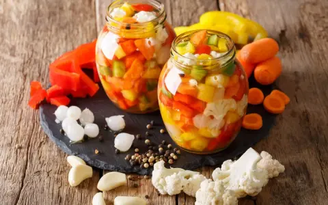 Due barattoli di giardiniera fatta in casa, pieni di verdure colorate come peperoni, carote e cavolfiore, su un tagliere di ardesia con ingredienti freschi intorno.