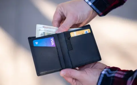 Dłonie wkładają pieniądze i kartę Visa do czarnego portfela.