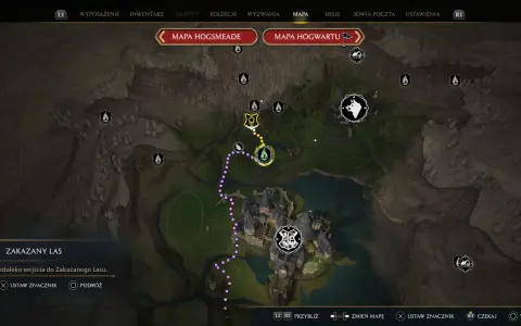 Mapa Hogwarts Legacy. Ścieżka prowadzi przez Zakazany Las, gdzie czeka duch naszej miłości.