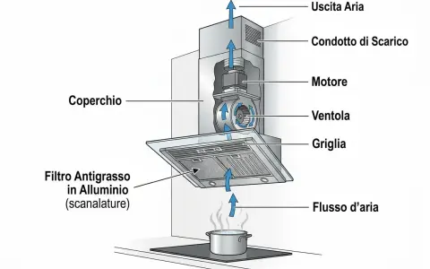 Schema di una cappa aspirante che mostra il flusso d'aria attraverso il filtro antigrasso in alluminio, il motore e la ventola. Utile per capire come pulire i filtri della cappa.