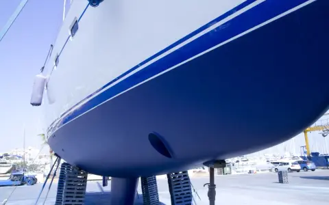 Der blaue **segelboot rumpf** mit weißen Streifen ruht auf Stützen im Hafen.