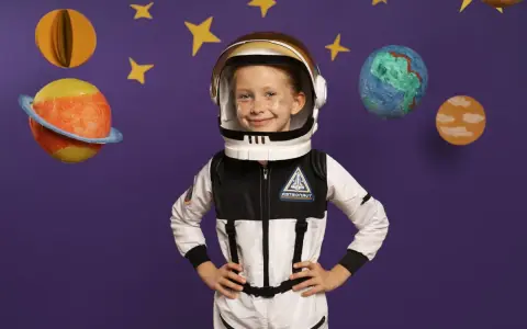 Dziecko w stroju astronauty, gotowe na kosmiczną przygodę. Inspiracja, jak zrobić strój kosmiczny dla dziecka.