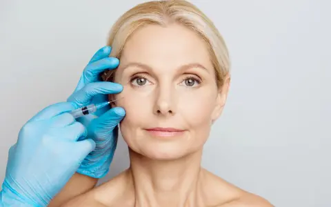 Zabieg z użyciem botoksu, czy botox jest bezpieczny? Dłoń w niebieskiej rękawiczce wykonuje zastrzyk w okolicę oka kobiety.