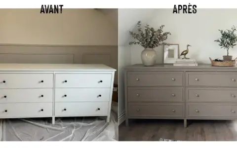 Avant/Après : une commode blanche transformée par une peinture meuble ancien, rehaussée de poignées dorées et décorée avec élégance.