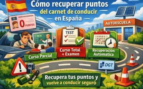 Ilustración de un **centro de recuperación de puntos** para el carnet de conducir en España. Muestra un conductor preocupado, clases, exámenes y la opción de recuperación automática.