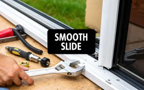 Tools are laid out for a sliding patio door installation, promising a smooth slide.