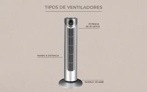 Ventilador de torre plateado, uno de los tipos de ventiladores modernos. Incluye mando a distancia y potencia de 45 vatios.