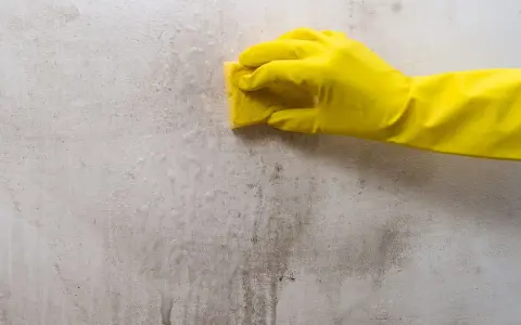 Ręka w żółtej rękawicy czyści zabrudzoną ścianę gąbką. Dowiedz się, jak odtłuścić ścianę domowym sposobem.
