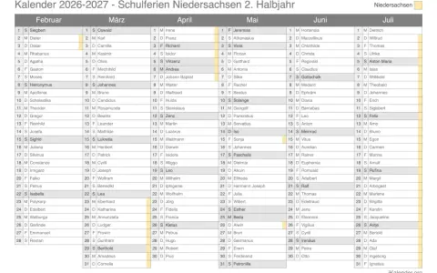 Kalender 2026-2027 mit Monaten und Namen, Schulferien Niedersachsen.