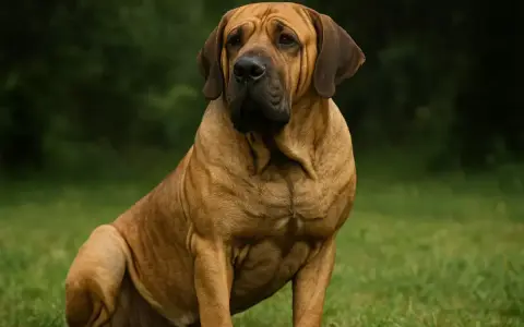 Un majestueux Fila Brasileiro, au pelage fauve, assis dans l'herbe verte, avec un regard attentif.