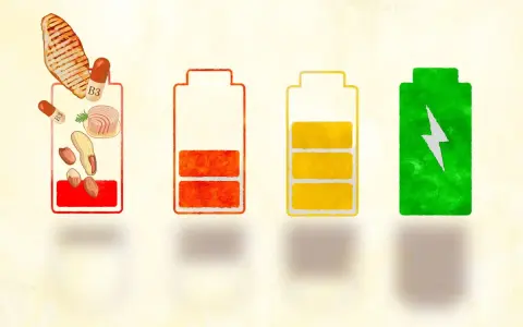 Batteries symbolisant l'énergie : une rouge avec des aliments et vitamine B3, une orange à moitié vide, une jaune presque pleine, et une verte pleine d'énergie.
